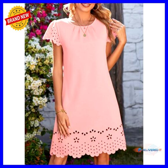 Short Sleeve Pleated Mini Dress Hollow Out Embroidery Casual Elegant Summer - Picture 3 of 7